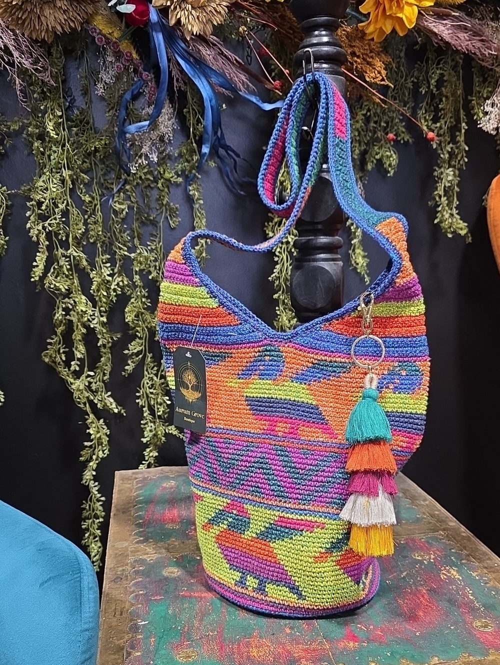 Artisan Guatemala Handwoven Multicolor Bucket Bag with Tassel